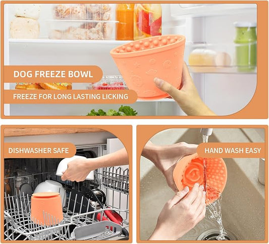 Dog Lick Bowl with Brush and Scraper, Anxiety Relief Silicone Slow Feeder Treat Dispenser, Anti-chocking Pet Dish, Non-Slip Interactive Entertainment Dog Puzzle Toy for Medium & Large-Light Orange