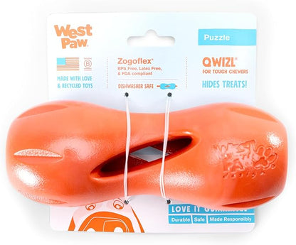 West Paw Qwizl Treat Dispensing Dog Toy for Tough Chewers- Durable Long Lasting Chew and Fetch Toy Keeps Dogs Engaged- Dishwasher Safe Safe Materials Made in USA - Cardinal Red, Large