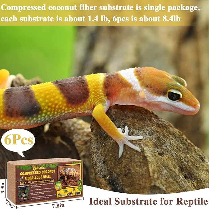 ZeeDix 6 Pack Coconut Fiber Substrate, 100% Organic Coconut Husk Coco Coir Brick Terrarium Bedding for Reptiles, Tortoise, Bearded Dragon, Leopard Gecko, Snake, Hermit Crabs, Frogs, Tarantula