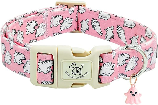 Elegant little tail Halloween Dog Collar, Ghost Print Pink Halloween Pet Collars Cotton Soft Sturdy Puppy Collars Holiday Female Adjustable Collar for X-Small Puppy