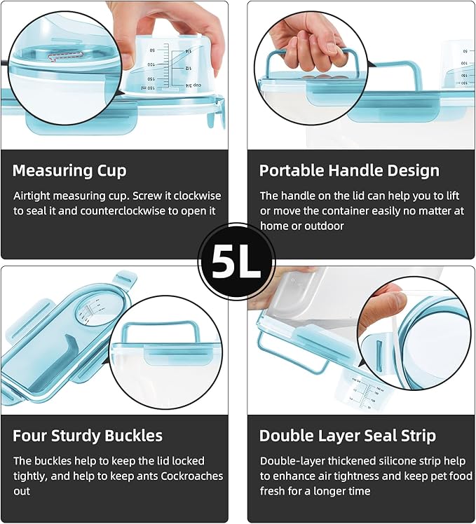 5-7Lbs Cat Dog Storage Container, Portable Pet Food Containers with Upgraded Large Spout and Cup, Small Animal Kibble Dispenser for Bird Seed, Oatmeal, Rice, Flour-Clear Blue