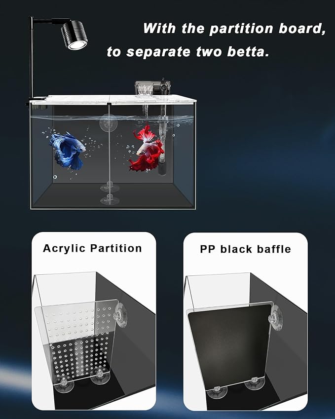 iPriro Fish Tank, 3 Gallon Ultra-Clear Glass Fish Aquarium, with Separator Plate for Betta, Fish Tank Starter kit with Filter and Led Light, Black