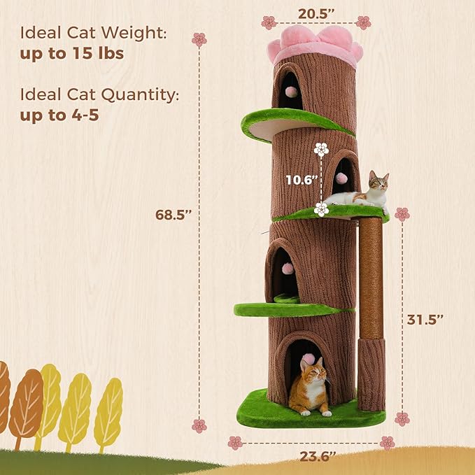 Forest Cat Tree Tower with 4 Condos, 68.5" Tall Cat Tower with Flower Top Bed & Thick Scratching Post (φ3.8in) – Large Heavy Duty Tree That Looks Like a Tree for Indoor & Multi-Cat Households