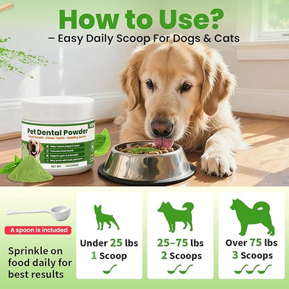 Dental Powder for Dogs Teeth Cleaning Powder Probiotic Dental Care Supplement for Pet Dog,with Brown Algae, Plaque Tartar Remover, Fresh Breath, Sensitive Stomach Support, No Brush