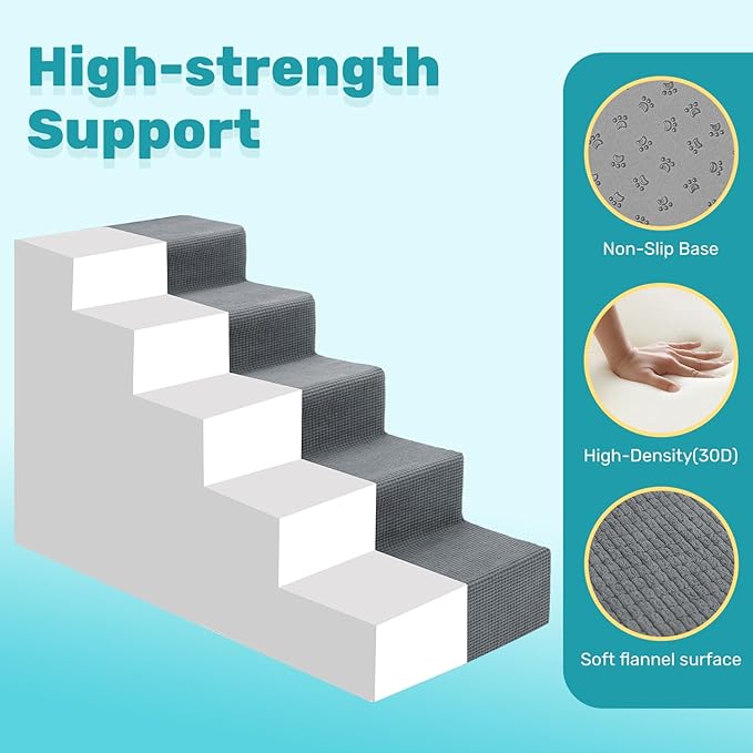 Dog Stairs for Bed, Extra Wide 5-Step Dog Steps for High Bed, High-Density Foam Pet Stairs with Non-Slip Removable Washable Cover for Small Pets, 23" H, Grey