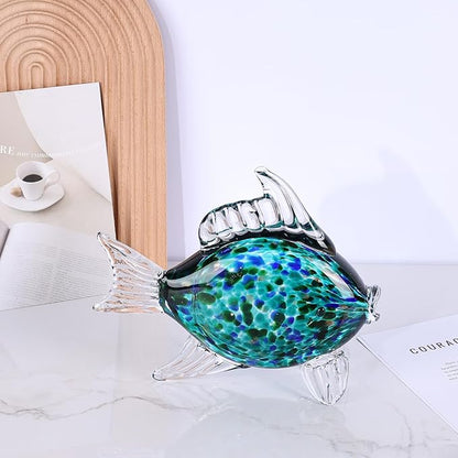 LCCCK Large Hand Blown Glass Fish Figurines, Aquarium Sea Glass Art, Fish Statue Sculpture Modern Coastal Accent - for Beach Knick Knacks, Coffee Tables, Nautical Offices Centerpiece (Teal)
