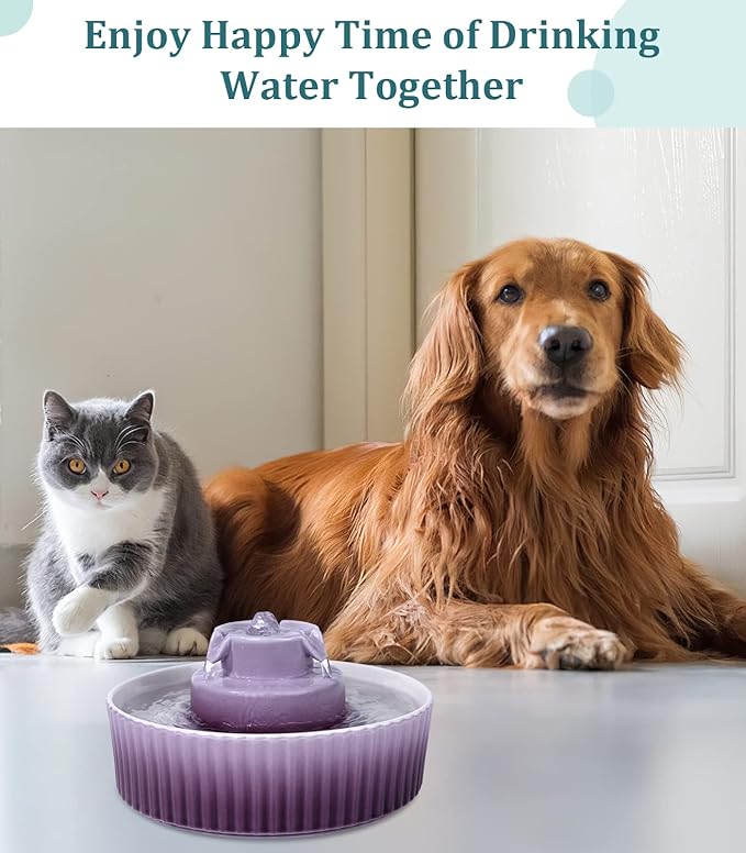 Ceramic Cat Water Fountain, Pet Ceramic Water Fountain, 2.1 L Drinking Fountains Bowl for Cats and Dogs with Replacement Filters and Foam(Purple)