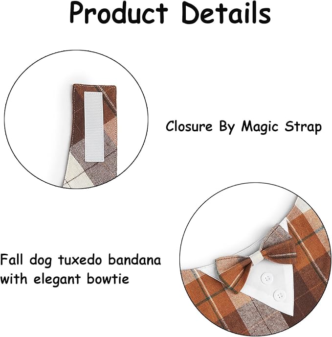 HDGDT Fall Dog Tuxedo Bandana, Orange Plaid Pet Collar with Bowtie, Adjustable Halloween Thanksgiving Dog Tux Costume for Small to Extra Large Pets