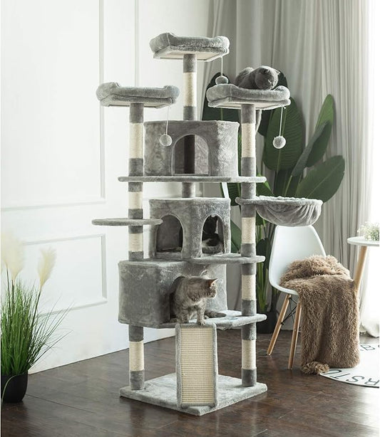 Hey-brother XL Size Cat Tree, 73.4 inch Cat Tower with 3 Caves, 3 Cozy Perches, Scratching Posts, Board, Activity Center Stable for Kitten/Gig Cat, Light Gray MPJ032W