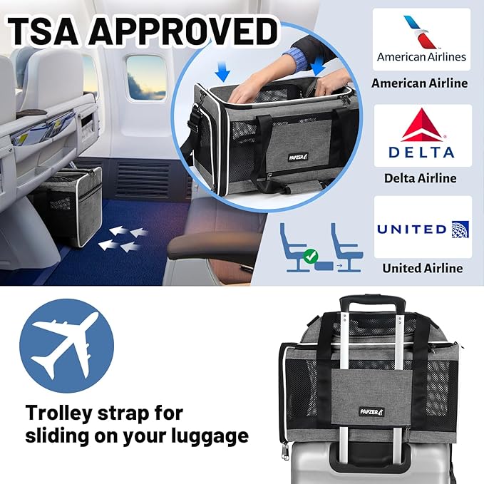PAPZER Cat Carrier Top-Expandable 18x11x11, United Delta American Airline Approved Dog Carrier, Soft-Sided Pet Carry Bag Under-Seat in Cabin, Puppy Airplane Travel Crate TSA Plane Kitten Cage Grey