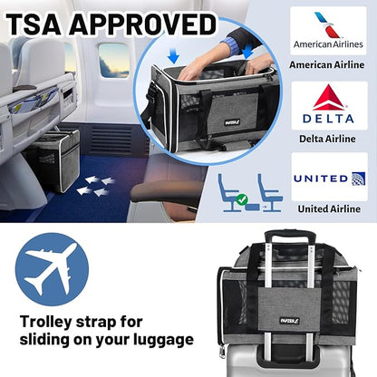 PAPZER Cat Carrier Top-Expandable 18x11x11, United Delta American Airline Approved Dog Carrier, Soft-Sided Pet Carry Bag Under-Seat in Cabin, Puppy Airplane Travel Crate TSA Plane Kitten Cage Grey