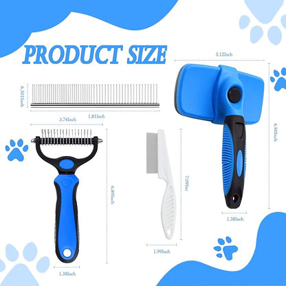 4 in 1 Skin Friendly Grooming kit including Dematting Rakes,Self Cleaning Slicker Brush,Deshedding Brush,Flea Comb for Haired cat Dog and Small Animals.