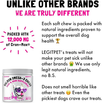 Omega 3 Alaskan Salmon Oil Treats for Dogs 120 Fish Oil Chew Supplement Skin and Coat Allergy and Itch Relief Hip & Joint Health Brain Shedding Hot Spots Treatment Omega 3 6 9 EPA & DHA Fatty Acids