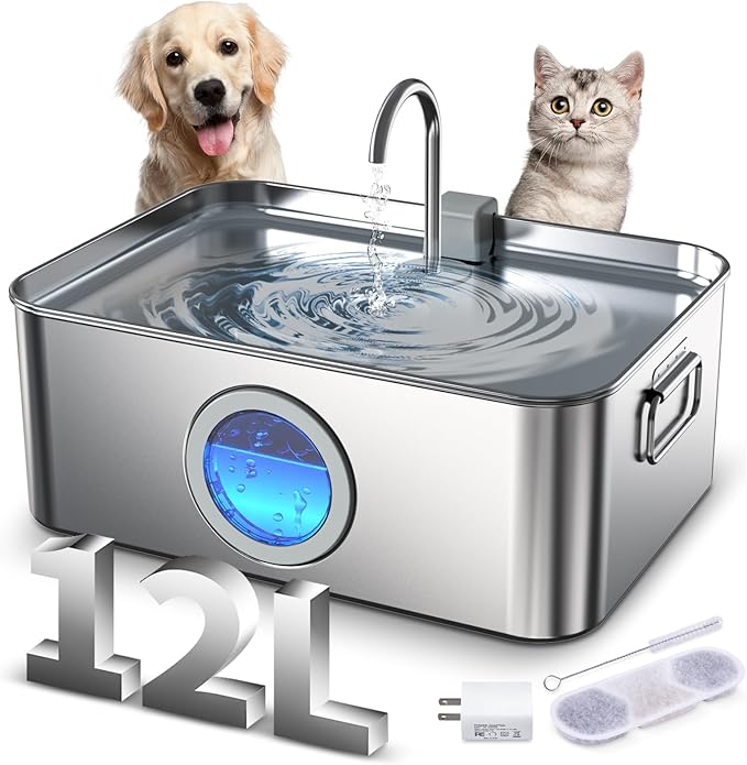 Dog Water Fountain Stainless Steel 12L/410oz/3.2Gal, DYSJ01 Ultra Quiet Pet Water Fountain for Large Dogs Cats & Multi-Pet Home with Water Level Window & LED Indicator