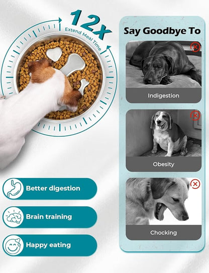 Slow Feeder Dog Bowls，8.2-inch Diameter Dog Slow Feeder Bowl，304 Stainless Steel Heavy Duty with Non-Slip Rubber Base，4Cups Capacity for Medium & Large Dogs to Slow Down Eating