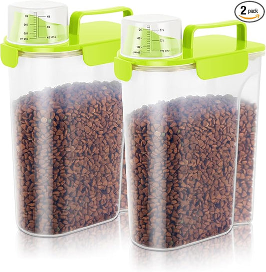 5 LBS/6Qt Pet Storage Container Portable with Upgraded Large Spout and Cup, Plastic Dog Cat Food Dispenser for Small Animal Kibble, Bird Seed, Oatmeal, Rice, Flour, Brown Sugart-2 Pack Sunshine Green