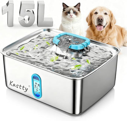 Kastty 15L/3.96 Gal Large Capacity Dog Water Bowl Dispenser,Stainless Steel Dog Water Fountain Quiet LED Light Triple Filtration Dog Water Bowl, Automatic Pet Water Fountain Easy Cleaning Blue FS78