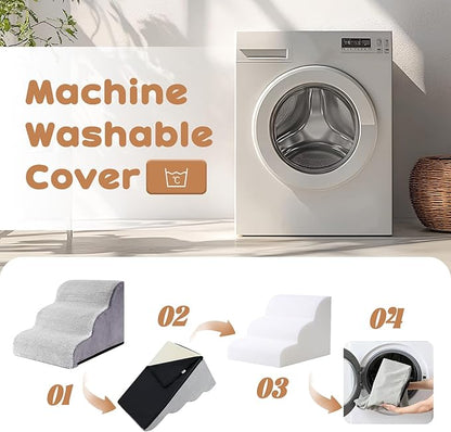 Dog Stairs for Small Dogs and Cats, 16" H 3 Steps Pet Steps Ramp for High Bed, Couch, Sofa, Waterproof Pet Stairs with Removable Washable Cover, Non-Slip Bottom, Light Gray