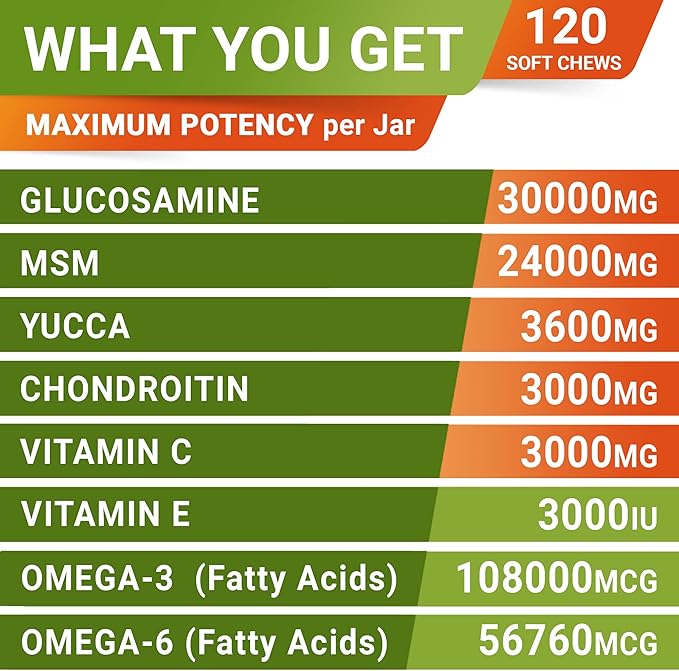 STRELLALAB Glucosamine Treats for Dogs - Joint Supplement w/Omega-3 Fish Oil - Chondroitin, MSM - Advanced Mobility Chews - Joint Pain Relief - Hip & Joint Care - Peanut Butter Flavor - 120 Ct