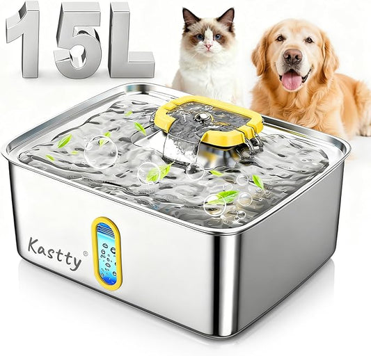 Kastty 15L/3.96 Gal Stainless Steel Dog Water Fountain, Large Capacity Dog Water Bowl Dispenser Quiet LED Light Triple Filtration Cat Water Fountain,Pet Water Fountain Easy Clean Yellow FS78