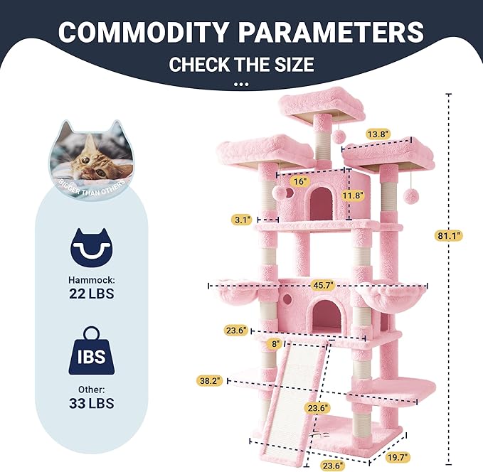 Allewie 82 Inches Large Cat Tree/House/XXL Tall Cat Towers for Big Feline/Scratching Post/Multi-Level Large Kitty Climbing Tree with Condo/Pink
