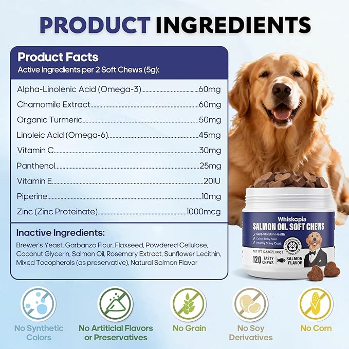 Allergy Relief Chews for Dogs Omega-3 Fish Oil Chewable Supplement with Probiotics for Itchy Skin and Hot Spots Allergies Relief, Paw Licking, Dry Skin & Coat Supplement Itching Relief Bites - 120 Ct