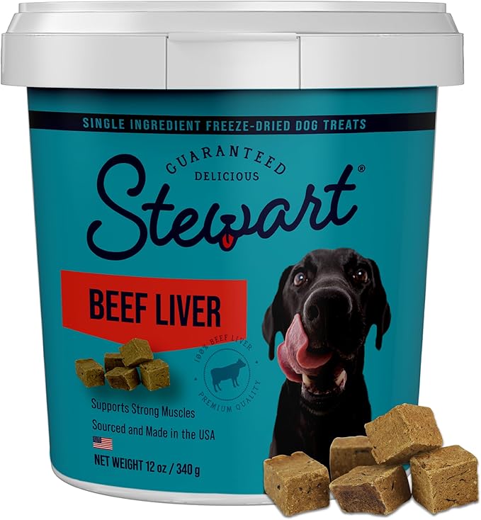 Stewart Beef Liver Dog Treats, 12 oz, ~270 Pieces, Freeze Dried Raw, Single Ingredient, 50% Protein Training Treats or Meal Topper in a Resealable Tub, Grain Free, Gluten Free