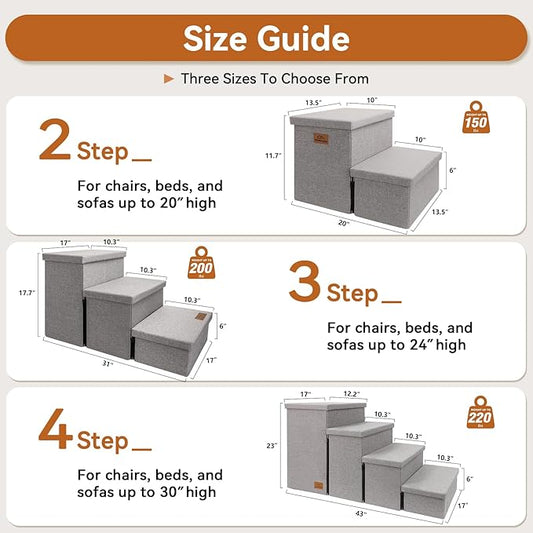 Wider Dog Stairs with Storage 18" H, 3-Step Sturdy Dog Steps for Large/Medium/Small Older Senior Dogs Cats, Folding Pet Stairs Climbing Bed or Couch, Arthritis-Friendly (Gray, No Condo)