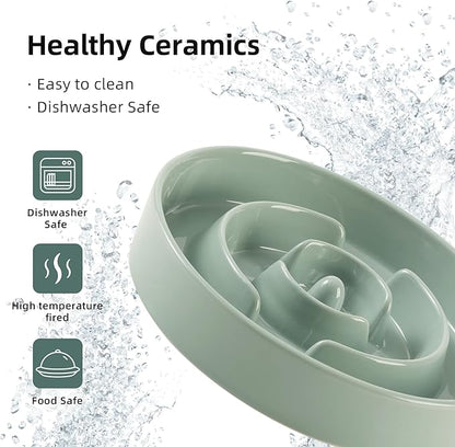 Ceramic 1.6 Cup Raised Slow Feeder Dog Bowl Set, Elevated Wooden Stand for Medium and Large Dog, 8.2inch Puzzle Slow Dish, Anti-Gulping(Light Green, Single Bowl+ Stand)