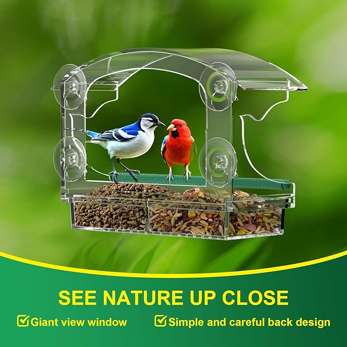 BPYOT Clear Acrylic Window Bird Feeder for Outside with 4 Strong Suction Cups and Detachable Seed Tray, Highly Transparent Outdoor Viewing Birdfeeder, Wild Bird House Box