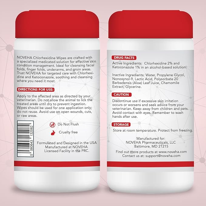 NOVEHA 120PCs XL Formulated Pet Wipes for Dogs & Cats - Safe for Facial & Finger Folds, Underarms, Groin, Hot Spots, Redness & Skin Relief, On-The-Go Size 5.5" x 7"