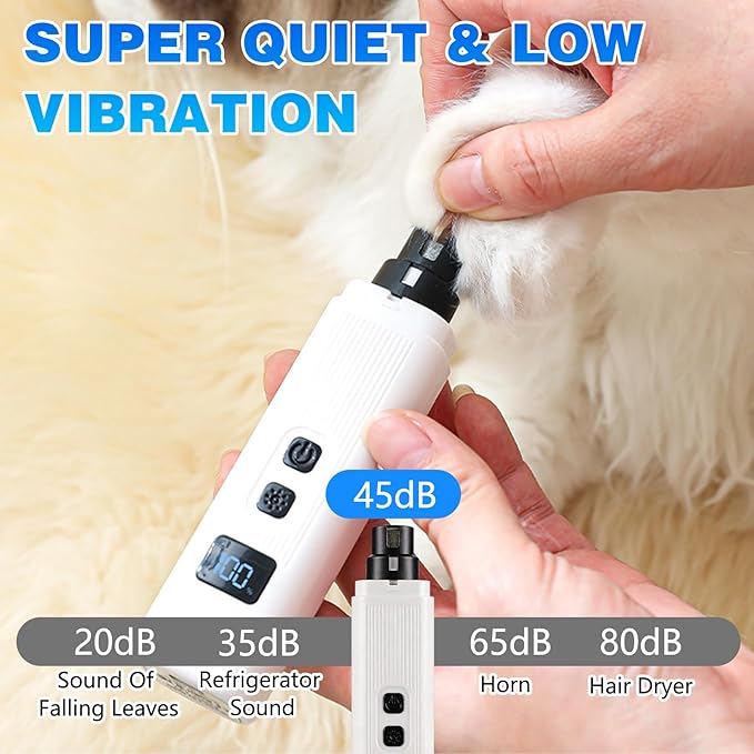 Cat Nail, Safe Cut Cat Nail Trimmer, Electric Pet Nail Grinder with LED Lights, Rechargeable Dog Nail Grinder, Two-Speed with 360° Grinding Settings, Ultra-Quiet＆Powerful for All Cats＆Dogs (White)
