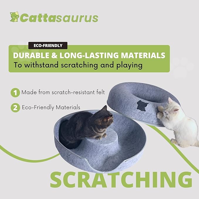 Cattasaurus Peekaboo Cat Cave Donut for Multiple & Large Cats up to 30-45 lbs, 3-in-1 Self Warming Cat Bed, Tunnel & Scratcher for Indoor Cats, Washable & Detachable Small Dog Bed (Blue, Large)