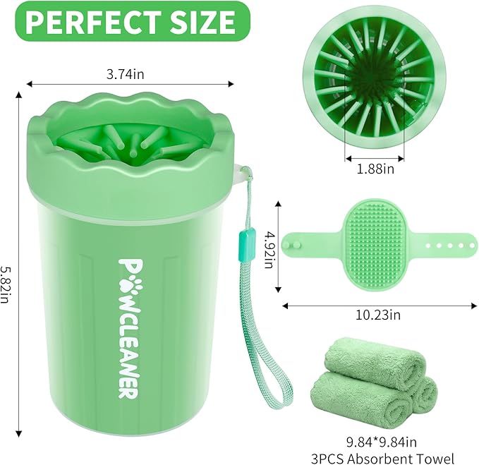 Professional 7 in 1 Dog Paw Cleaner for Dogs - Includes 1 Portable Paw Washer, 1 Bath Brush, 2 Dog Toothbrushes and 3 Absorbent Towels Note: Fits Paws 1.5 to 2.5 Inches Wide (Medium, Light Green)