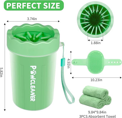 Professional 7 in 1 Dog Paw Cleaner for Dogs - Includes 1 Portable Paw Washer, 1 Bath Brush, 2 Dog Toothbrushes and 3 Absorbent Towels Note: Fits Paws 1.5 to 2.5 Inches Wide (Medium, Light Green)