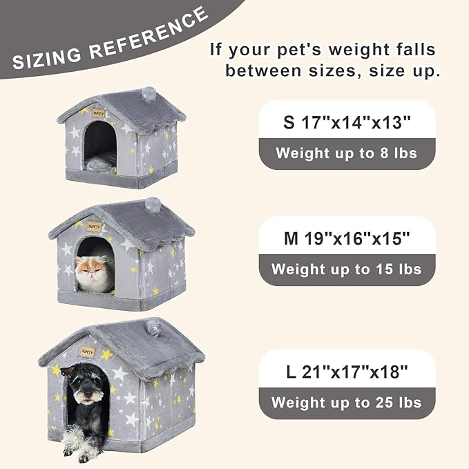 JIUPETY Cute Small Dog House Indoor, Foldable House Kennel Bed Mat with Cushion, L Size Dog Tent Up to 25 lbs, Dog Cave Bed with Non-Slip Bottom, Grey