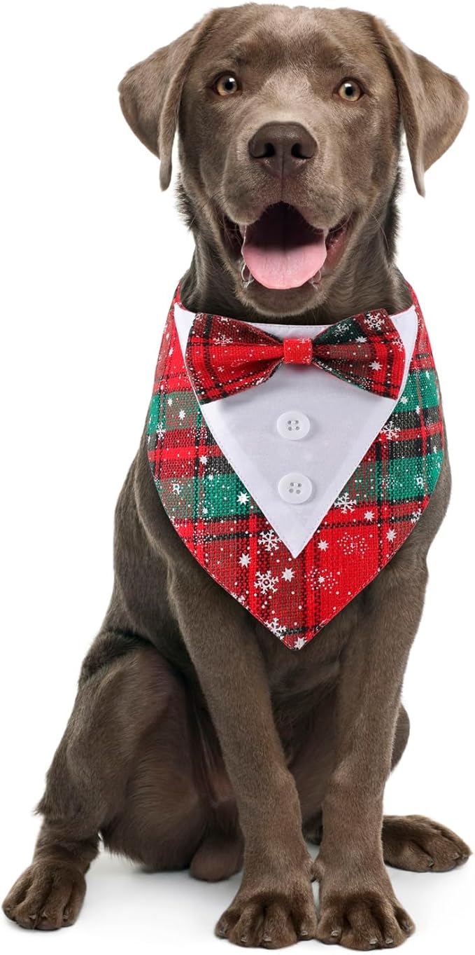 HDGDT Adjustable Red Plaid Christmas Dog Tuxedo Bandana with Bow Tie - Holiday Pet Outfit Costume for Dogs XS to XL
