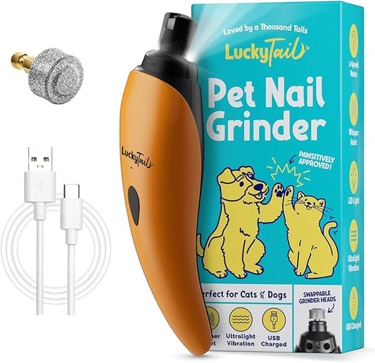 LUCKY TAIL Pet Nail Grinder for Dogs and Cats - Super Quiet and Low Vibration Electric Dog Nail Grinder with 2 LED Lights - USB Rechargeable and Cordless - 2 Speeds - Small to Large Pets - Orange