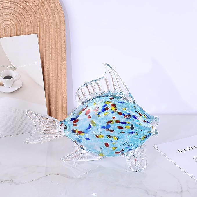 LCCCK Large Hand Blown Glass Fish Figurines, Aquarium Sea Glass Art, Fish Statue Sculpture Modern Coastal Accent - for Beach Knick Knacks, Coffee Tables, Nautical Offices Centerpiece (Aqua)