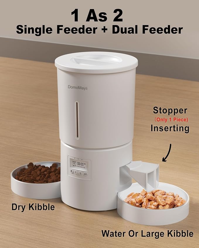 DomoMayli Automatic Cat Feeder for 2 Cats,Dual Bowl Dry Pet Food Dispenser with Portion Control & 10s Voice Recorder,Timer Feeding,Double Power,Quiet Operation(White, ABS Dual Bowls)