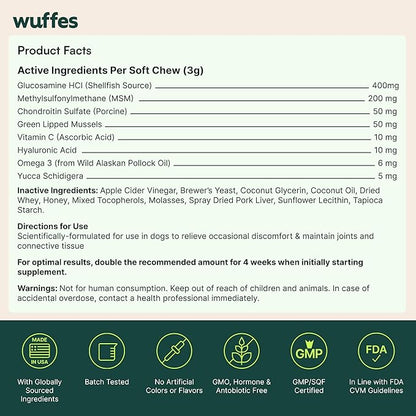 Wuffes Advanced Dog Hip and Joint Supplement with Glucosamine, Chondroitin, Omega 3, MSM, and Green Lipped Mussel, 60 Pork Flavored Chews for Small and Medium Dog Breeds