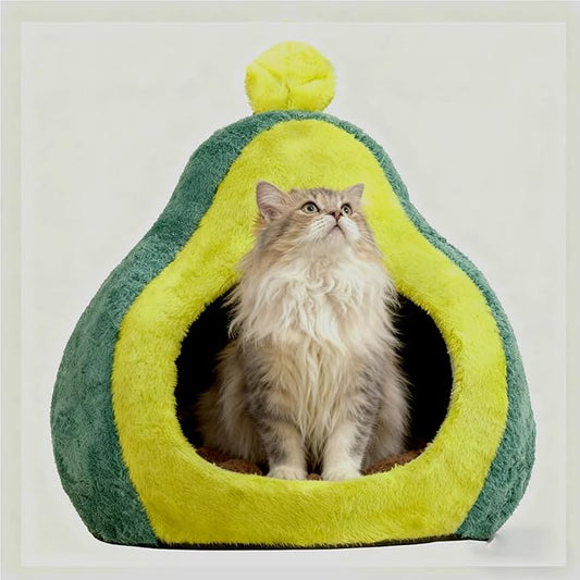 Cat Bed for Indoor Cats - Adorable Cozy Avocado Cat Cave with Removable Cushion, Super Soft Pet House Tent for Kittens & Small Pets, Warm & Washable Non-Slip Design