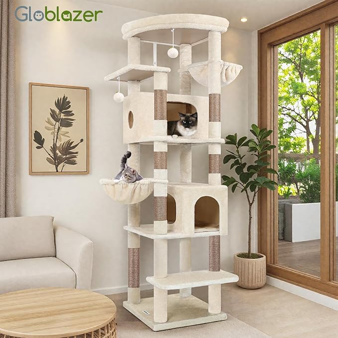 Globlazer Heavy Duty Cat Tree, 74in Sturdy Cat Tower for Large Cats Adult, Big Cat Tree with 7 Sisal Scratching Posts, 2 Padded Condos, 2 Dual-Ear Hanging Baskets, Enlarged Top Perch, S74, Beige
