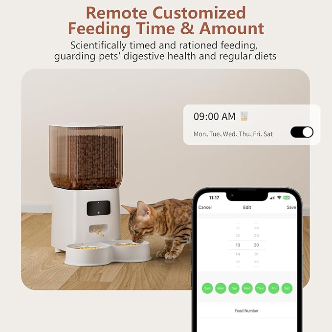 Cat Feeder Automatic, 2.4G WiFi Automatic Dog Feeder with Remote Feeding Cat Food Dispenser for 2 Cats, 5L Pets Timed Automatic Feeders with Dual Power Supply