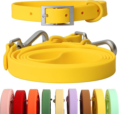Dog Collar and Leash Set, Durable Waterproof Dog Leashes Collars, 5 Length Setting Adjustable Dog Collars for Large Medium Small Dogs (Yellow, L)