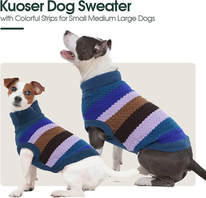 Kuoser Dog Sweater, Thermal Dog Sweaters for Medium Dogs Girl Boy, Puppy Christmas Sweater Thrtleneck Knitwear, Cozy Sweaters for Dogs, Thanksgiving Pet Outfit Warm Clothes for Fall Winter, Blue M