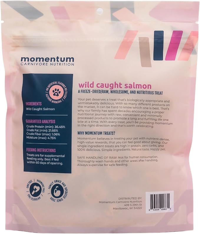 Momentum Carnivore Nutrition Freeze-Dried Wild-Caught Salmon Dog Treats & Cat Treats – Single-Ingredient, High-Protein, Grain-Free, Natural Source of Omega-3s – Made in USA – 3 oz Bag