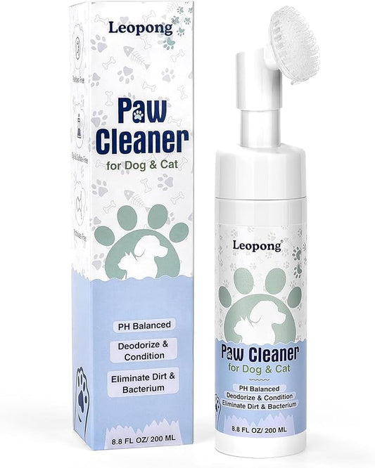 Dog Paw Cleaner & Cat Foot Wash - Gentle No-Rinse Foaming Mousse - PH Balanced Deodorizing Cleanser with Integrated Silicone Brush, 8.8 oz