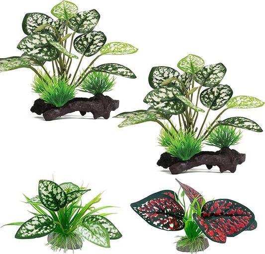 Moonorange Reptile Artificial Plants, Terrarium Plants Decorations Supplies, Aquarium Fish Tank Plant, Amphibian Habitat Hideout Tank Accessories(M Set-4pcs/B)