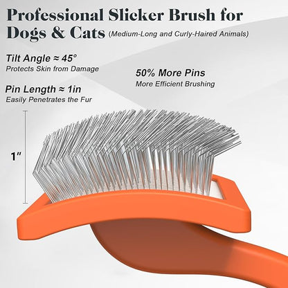2PCS Slicker Brush for Dogs & Pet Comb,Professional Dog Grooming Brush (Goldendoodles,Poodles,Labradoodles) with Extra Long Pins to Effectively Remove Tangles, Knots and Mats (Orange, Large)